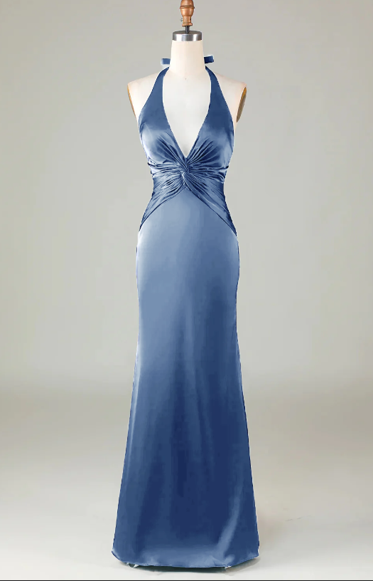 Vestido de dama de honor azul polvoriento con escote halter y corte sirena BD1214