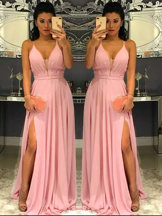 Flowing Long Bridesmaid Dress Pink Wedding Guest Dress with Split PL5318