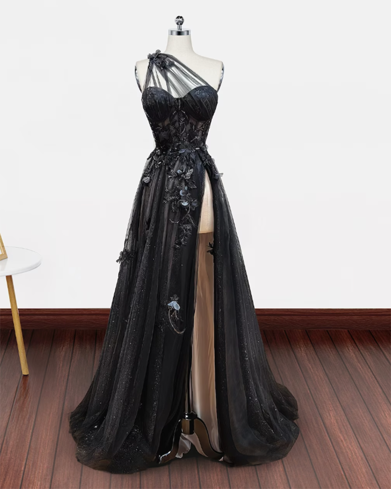Elegant One Shoulder Black Tulle Long Prom Dress