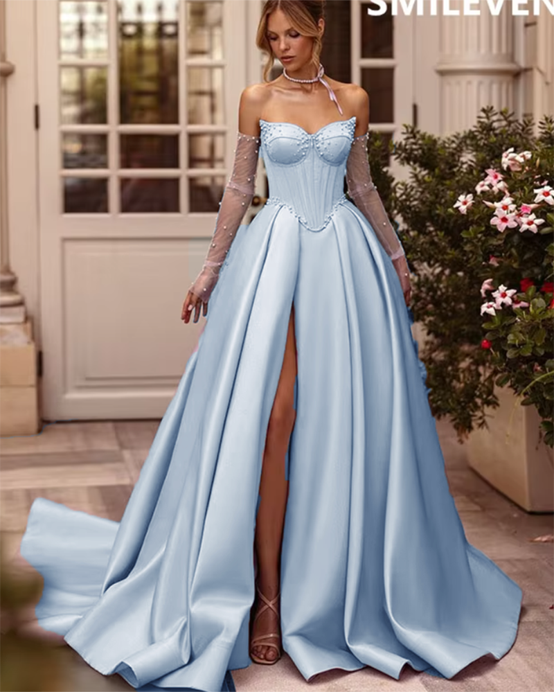 blue satin engagement dress