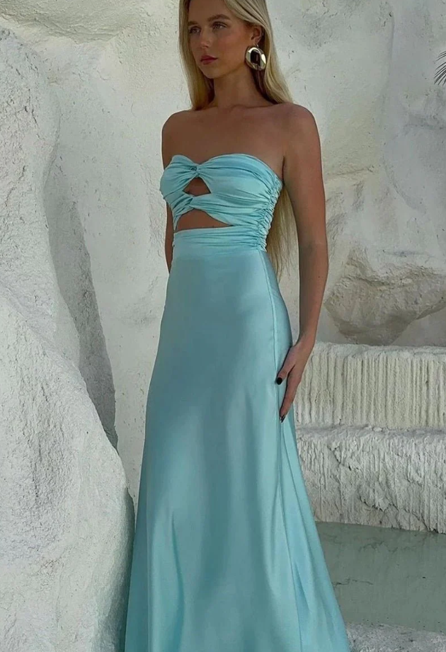 Sexy Strapless Aqua Blue Sheath Long Prom Dresses