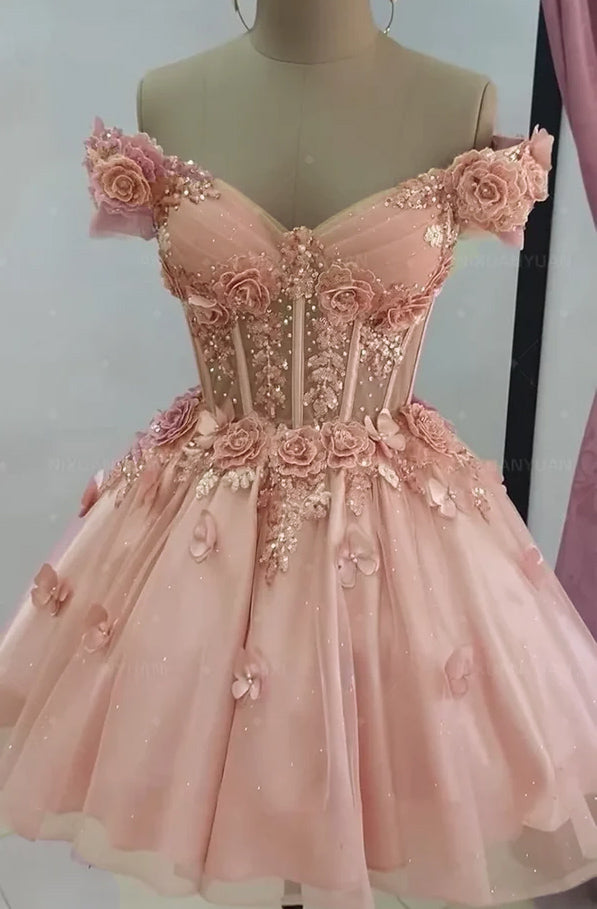 Pink Short Homecoming Dresses for Teens Off Shoulder  Dresses for Quinceanera 3D Flower Short Ball Gown SP712