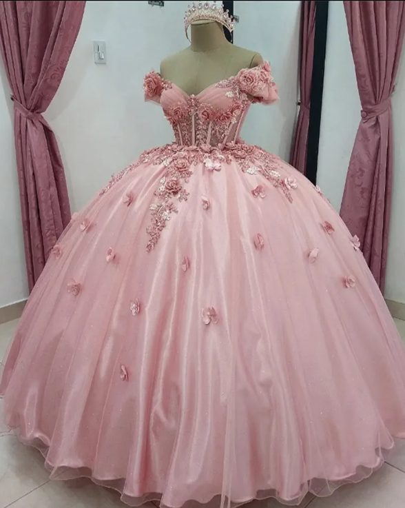 Pink Quinceanera Dress, Puffy 3D Floral Beaded Short Birthday Party Gown, Cap Sleeve Sweet 16 Dress for 2024 Ceremony
