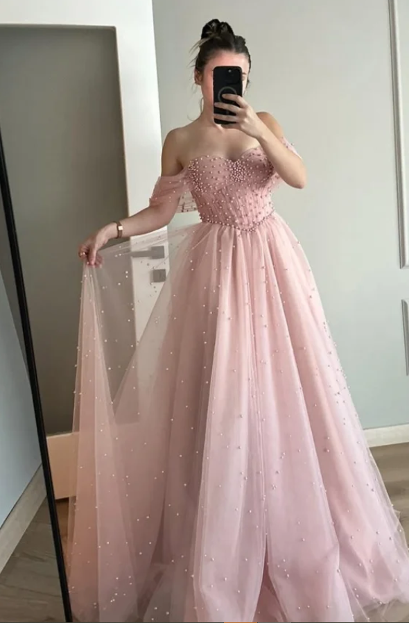 Fancy Pink Formal Long Dress Pearls Beaded Off the Shoulder Mesh Tulle Sweetheart Prom Dress  LP725