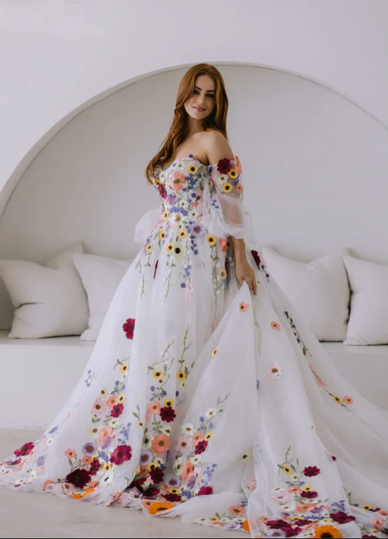 off the shoulder white quinceanera dress with flowers Ball gown Prom dress PL7258