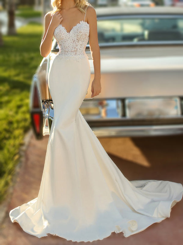 Sexy Slit Ivory Satin Mermaid Bridal Dress lace gown with Spaghetti Straps WD43262