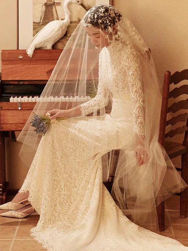 Vestidos de novia vintage de encaje blanco/marfil con mangas largas WD43263