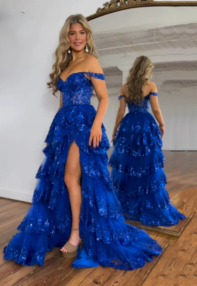 Vestido de fiesta azul real con purpurina y exquisito vestido de fiesta en forma de A con capas escalonadas