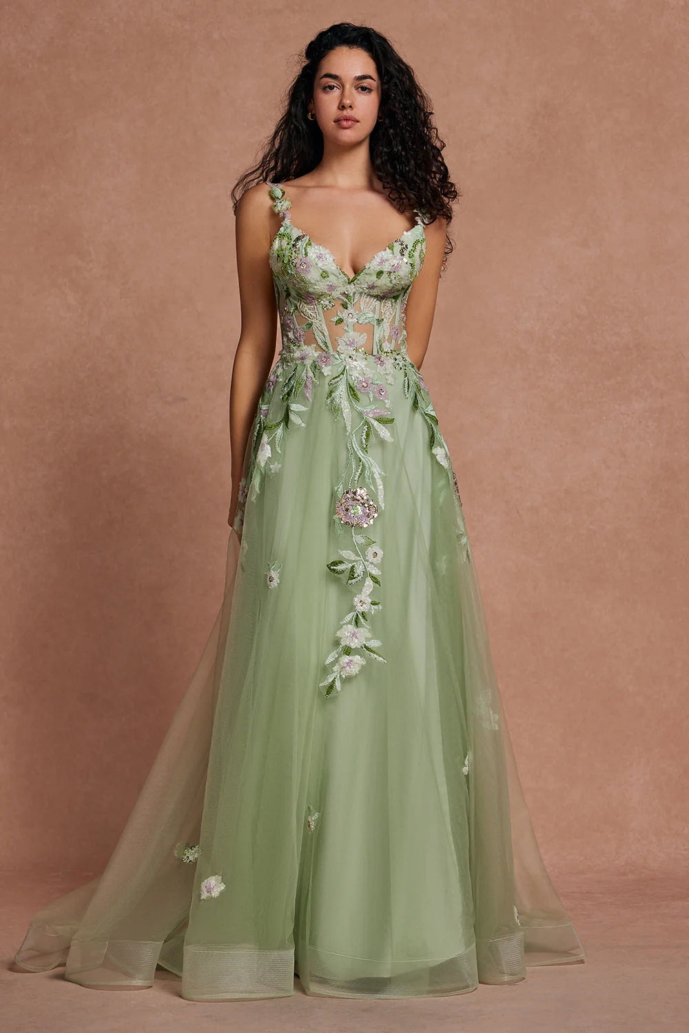 Vestidos de fiesta verde salvia con bordado floral 2025 Vestido de graduación largo PL12205