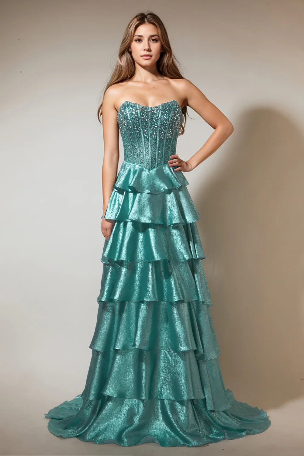 Sexy Sweetheart Corset Green Long Prom Dress with Beading Layered Evening Gown 2025 PL12206