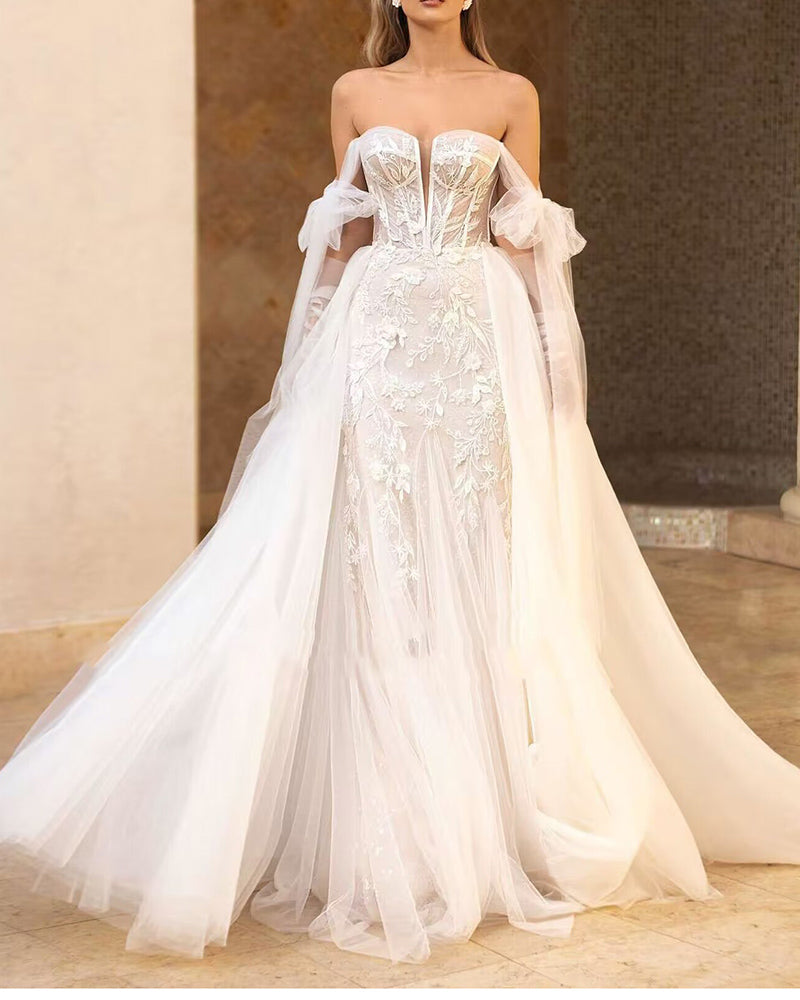 Elegante vestido de novia para mujer, con hombros descubiertos, de encaje marfil, vestido de novia blanco
