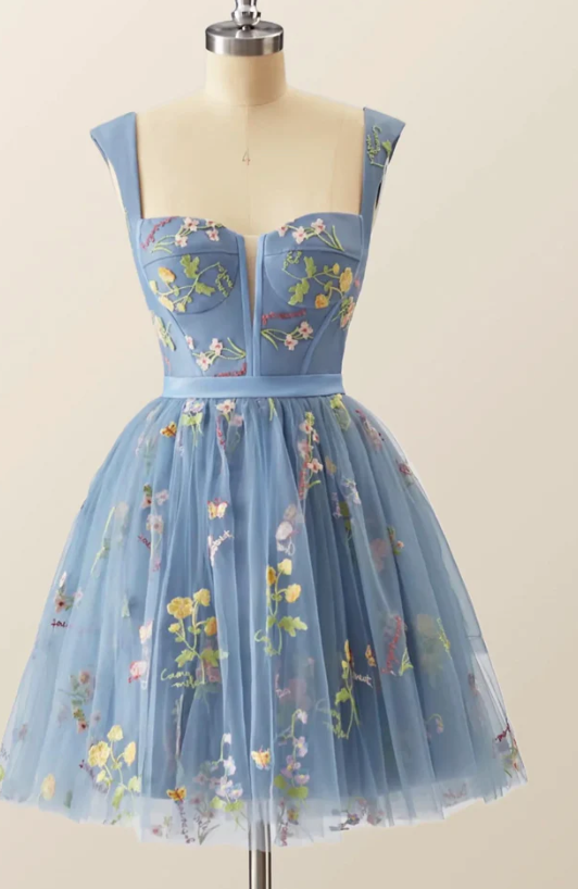 Lindo vestido corto azul para fiesta de graduación, vestido floral para fiesta de bienvenida SP10164