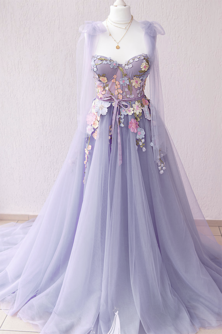 Dusty Lavender Prom Dress with Flowers Long Party Gown PL10220