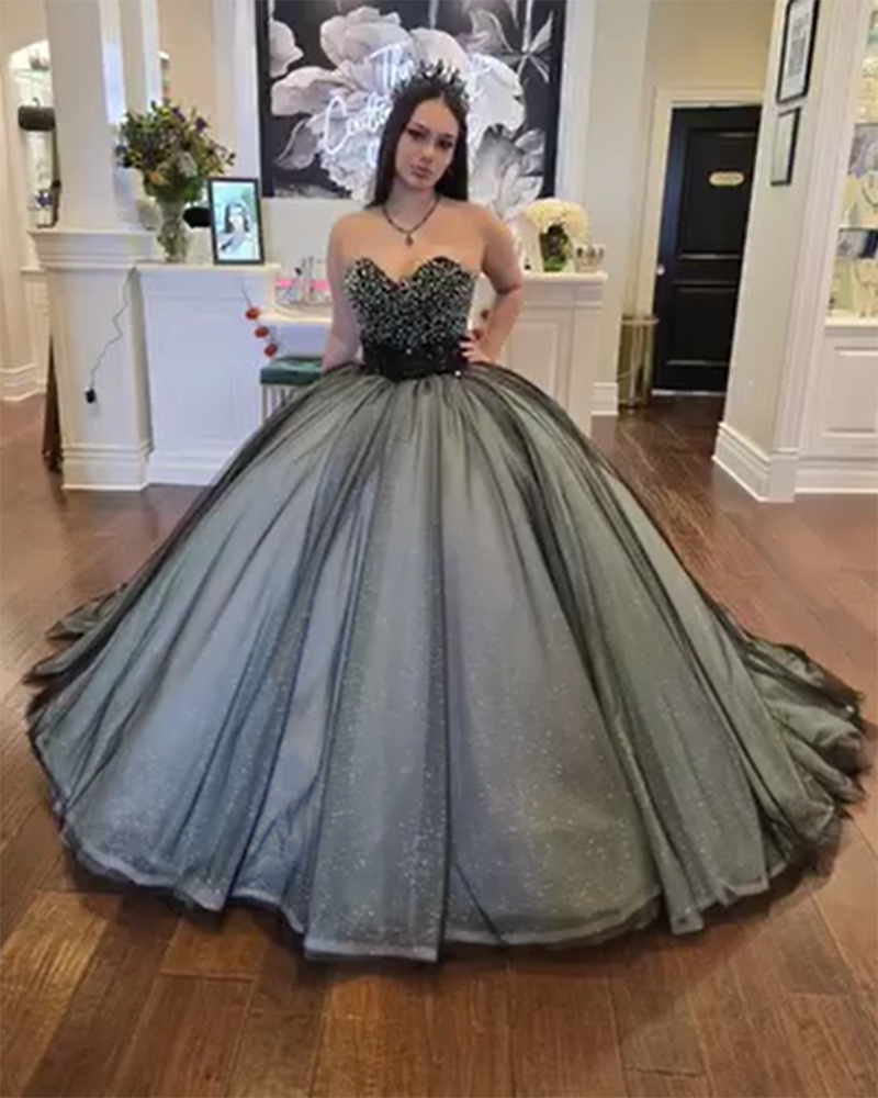 Sweetheart Beaded Princess Black and Gray Ball Gown Prom Dress Wedding – Siaoryne