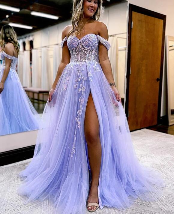 Robe de soirée d'anniversaire en dentelle lavande fendue pour Sweet 16 PL24183