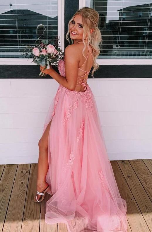Fancy Spaghetti Straps fromal Lace Pink  prom dress 2024