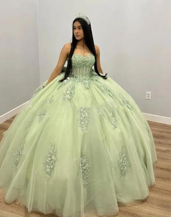Sage Green Quinceanear Dress Lace Ball Gown corst Gown PL45172