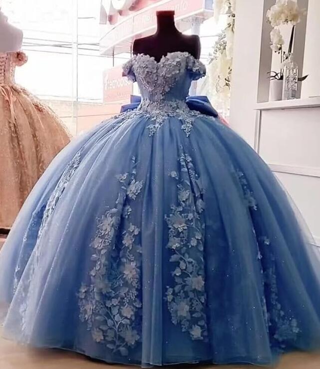 Puffy Off Shoulder Lace Blue Ball Gown Quinceanera Dresses Sweet 15 16 Dresses PL4424