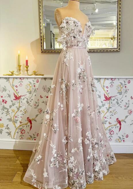 Robe de bal longue à fleurs en cœur 2024, robe à épaules dénudées PS4511