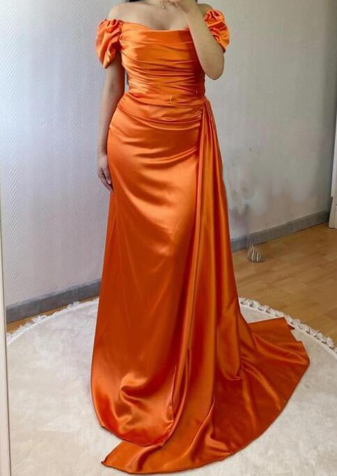 Vestido de noche para fiesta de boda de color naranja quemado, con hombros descubiertos, de satén, largo y formal PL