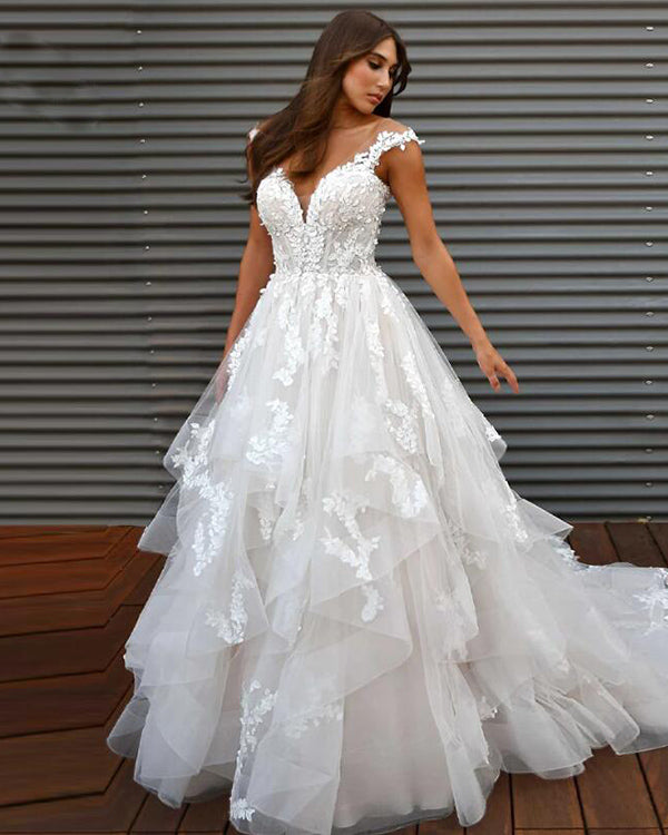 Vestidos de novia clásicos para novias 2024 con capas fruncidas y apliques escote redondo, vestidos de novia formales personalizados para mujeres