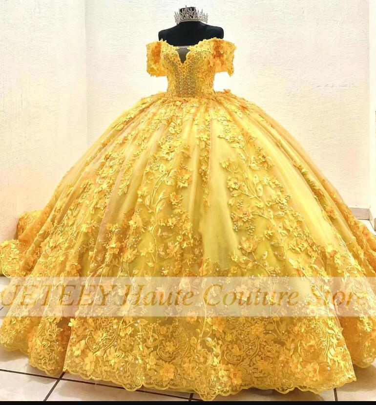 Off The Shoulder Yellow Princess Dress Sweet 16 Dress Ball Gown Y655