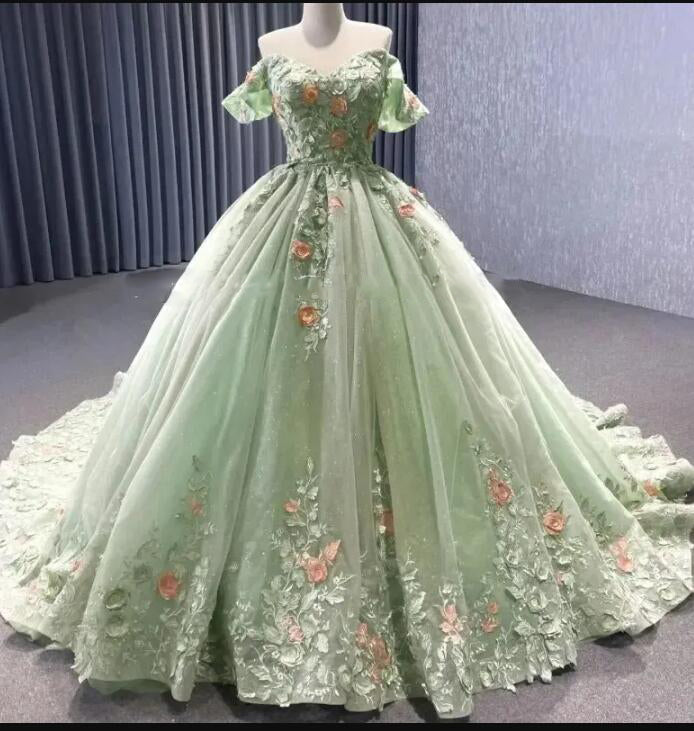 Sage Green Shiny Ball Gown Quinceanera Dresses Vestidos De 15 Anos Party 3D Flower Cinderella 16 Birthday Princess Gowns