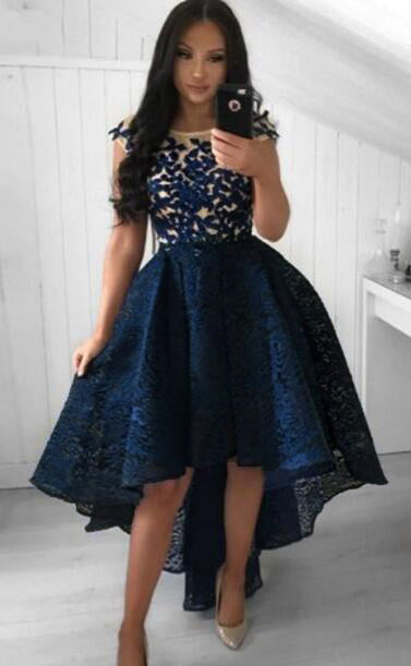 High Low front Lace Short Prom Gown Short Long Back Navy Blue Dress fo –  Siaoryne