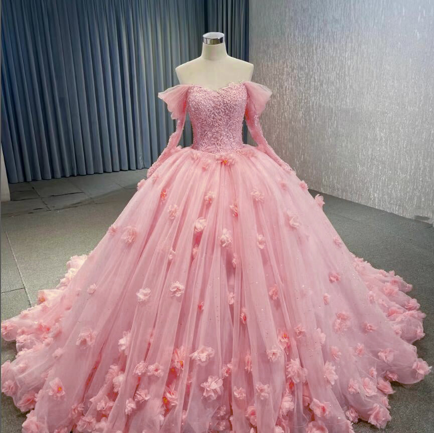 Pink/Coral Ball Gown Wedding Dress ,Girls 3 D Flowers Sweet 16 Dresses Long Sleeves WD2473