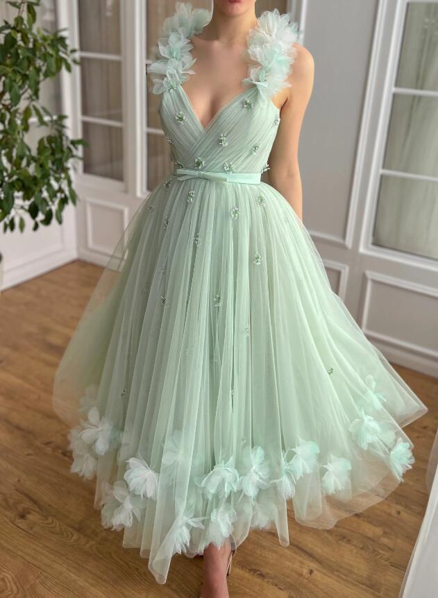 Vestidos de fiesta largos color verde menta y azul verdoso para niñas con flores con abalorios SP2471