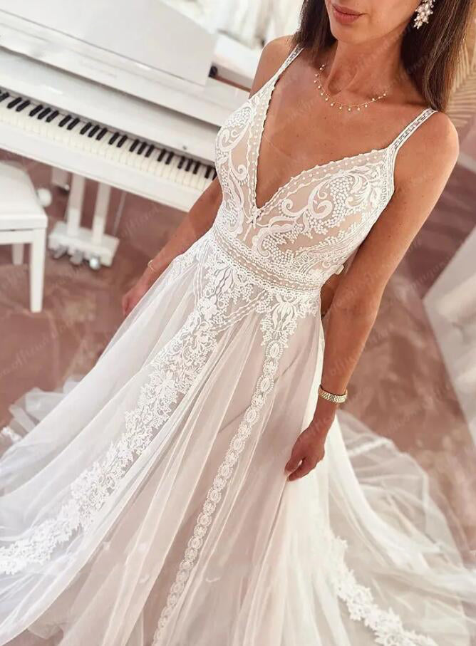 Plunging V Bohemian Wedding Dress 2024 Vestido Noiva Summer A Line Boho Wedding Gown V Neck Lace Open Back Sleevele
