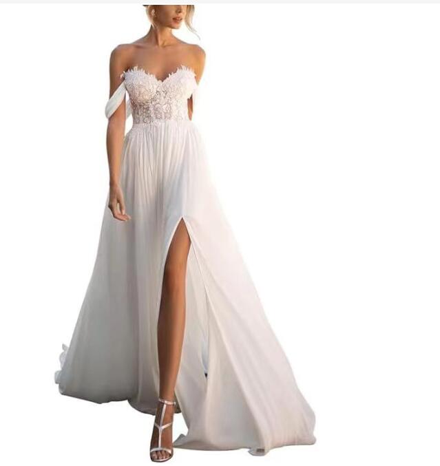 Robe de mariée sexy fendue sur la plage, robe de mariée blanche en dentelle à épaules dénudées