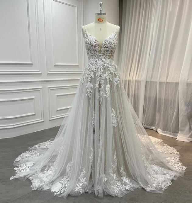 Vestidos de novia de encaje sexys con tirantes finos y corte A para mujer WD4713