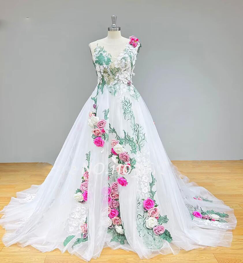 Romantic  White Wedding Dresses with Hand Made Flowers  Ball Gown Quinceanera Gown PS12135