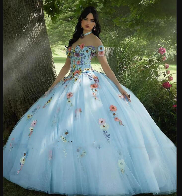 Vestidos de quinceañera coloridos en azul/lavanda para niñas, sin tirantes, hombros descubiertos, flores 3D, vestidos de quinceañera personalizados PL12270