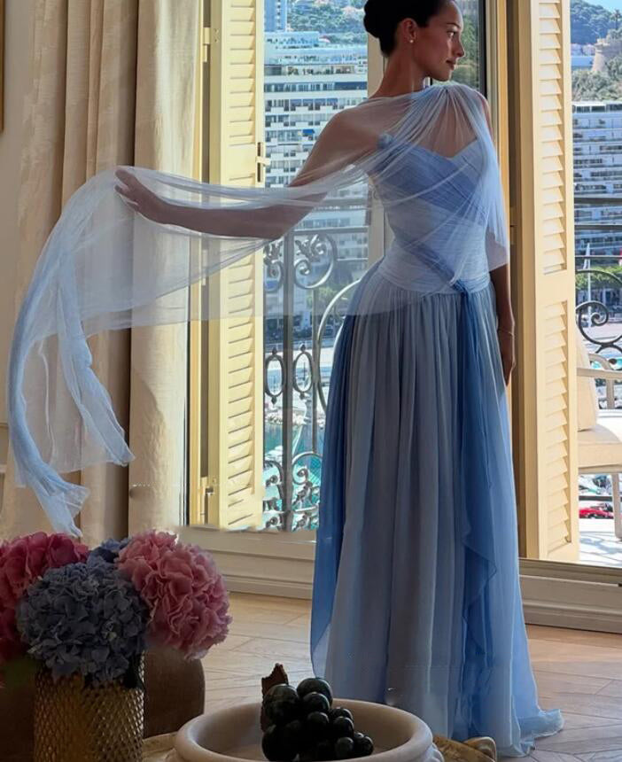 scarf for prom dresses Sky Blue Strapless Chiffon Pleated A Line Long Prom Dresses With Scarf, Sky Blue / 16