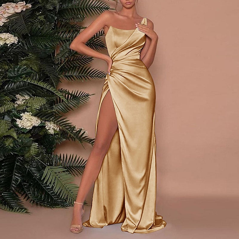 Robe de soirée longue en satin froncé sexy à une épaule dorée/noire PS12136