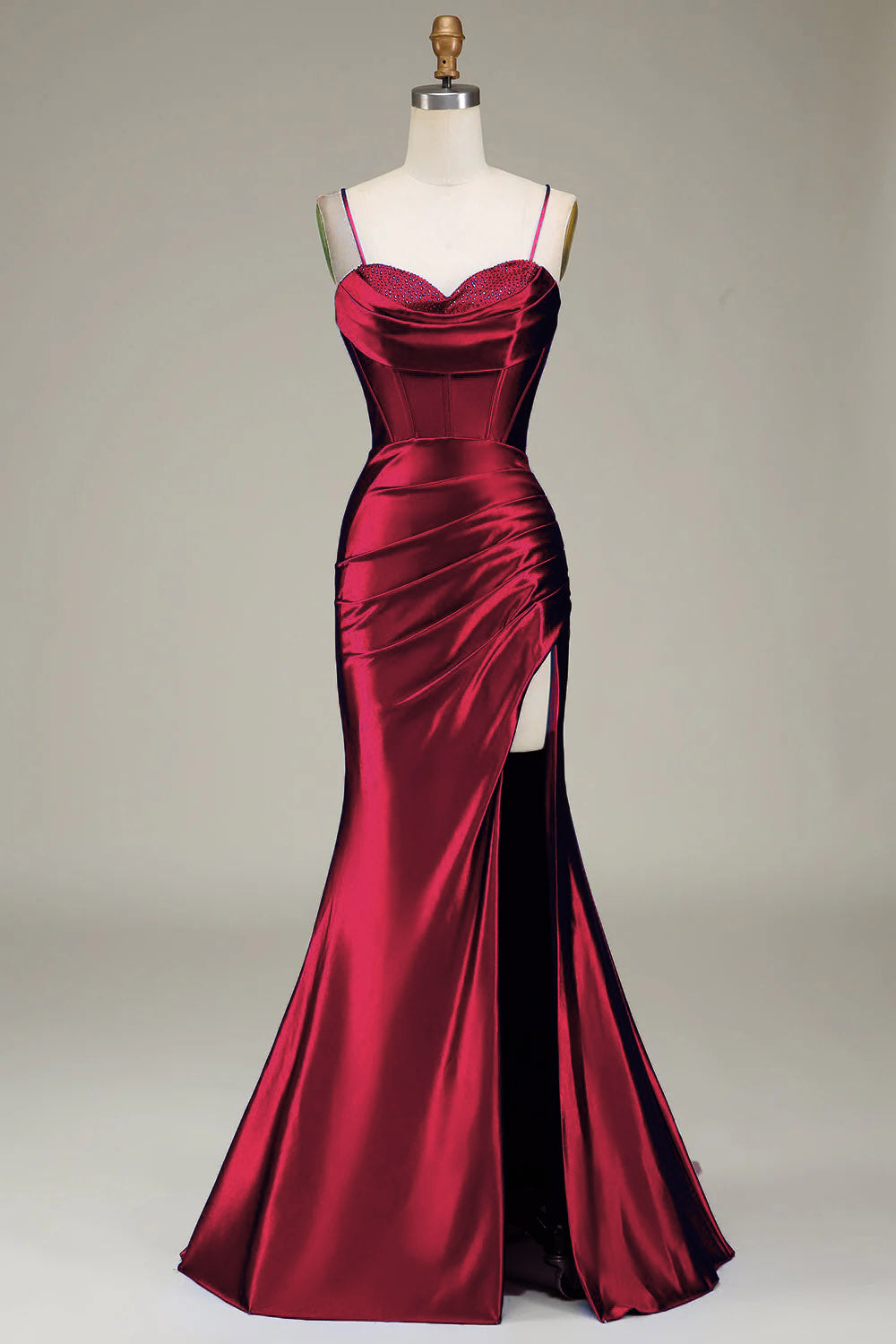 Vestido de fiesta de satén rojo oscuro con tirantes finos, vestido de fiesta de noche largo estilo sirena PL12203