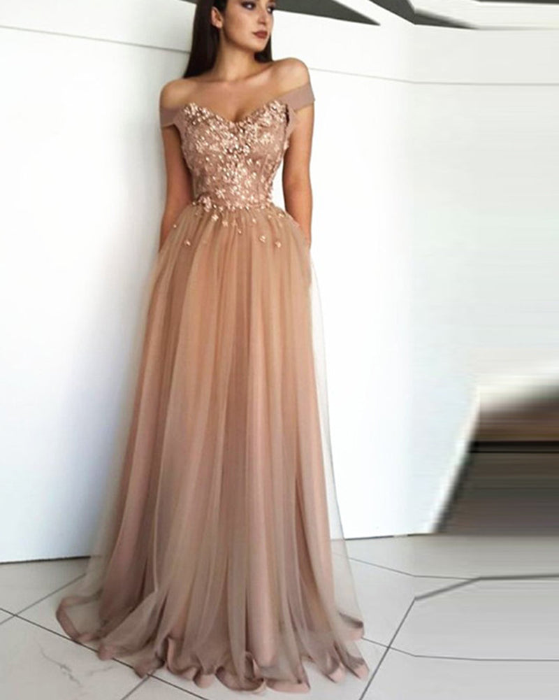 Vestido de noche champán largo con apliques y abalorios para novia sexy para banquete