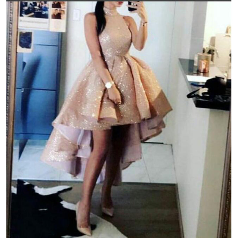 open lace back dress High Low Prom Dresses Lace Embroidery Satin Gowns main image 1