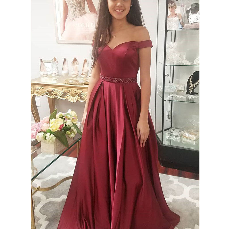 Fancy Off Shoulder Burgundy Senior Prom Dresses with Beading Belt 2020 Satin A Line Girls Formal Party Gown