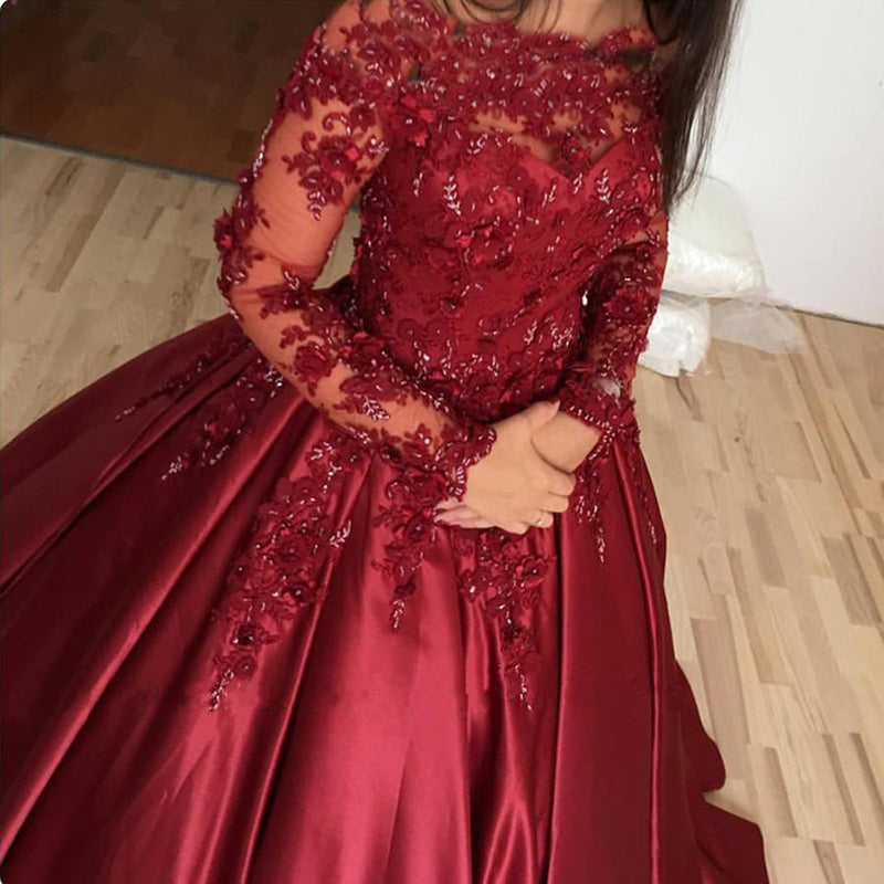 Vintage Muslim Burgundy Wedding Dresses Ball Gown Beaded Lace Women Fo –  Siaoryne