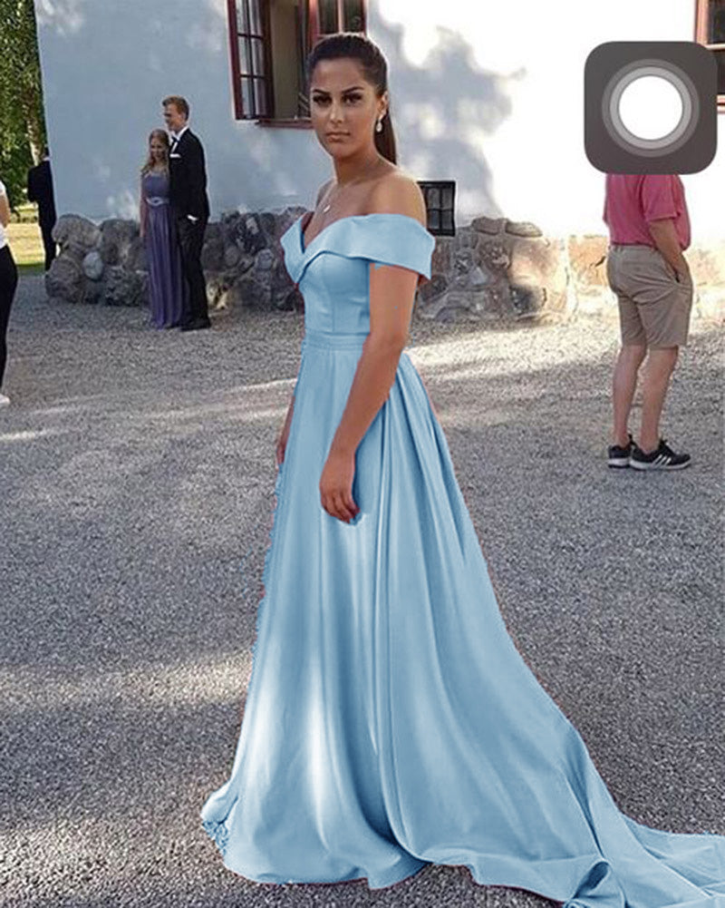 Siaoryne Off Shoulder Bleu Clair A Ligne Satin Filles Robes De Bal Formelles Longue Robe De Fête Longue 2020