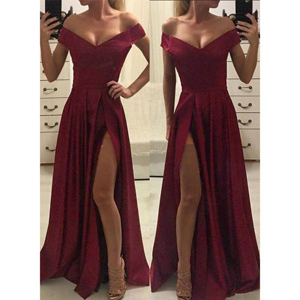 Vestido largo de fiesta elegante con hombros descubiertos en rojo oscuro para niñas LP0591