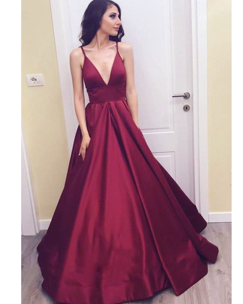 Siaoryne Superbe robe de soirée longue en satin bordeaux/bleu/vert, ligne A, sexy, décolleté en V profond, robe de bal, PL888