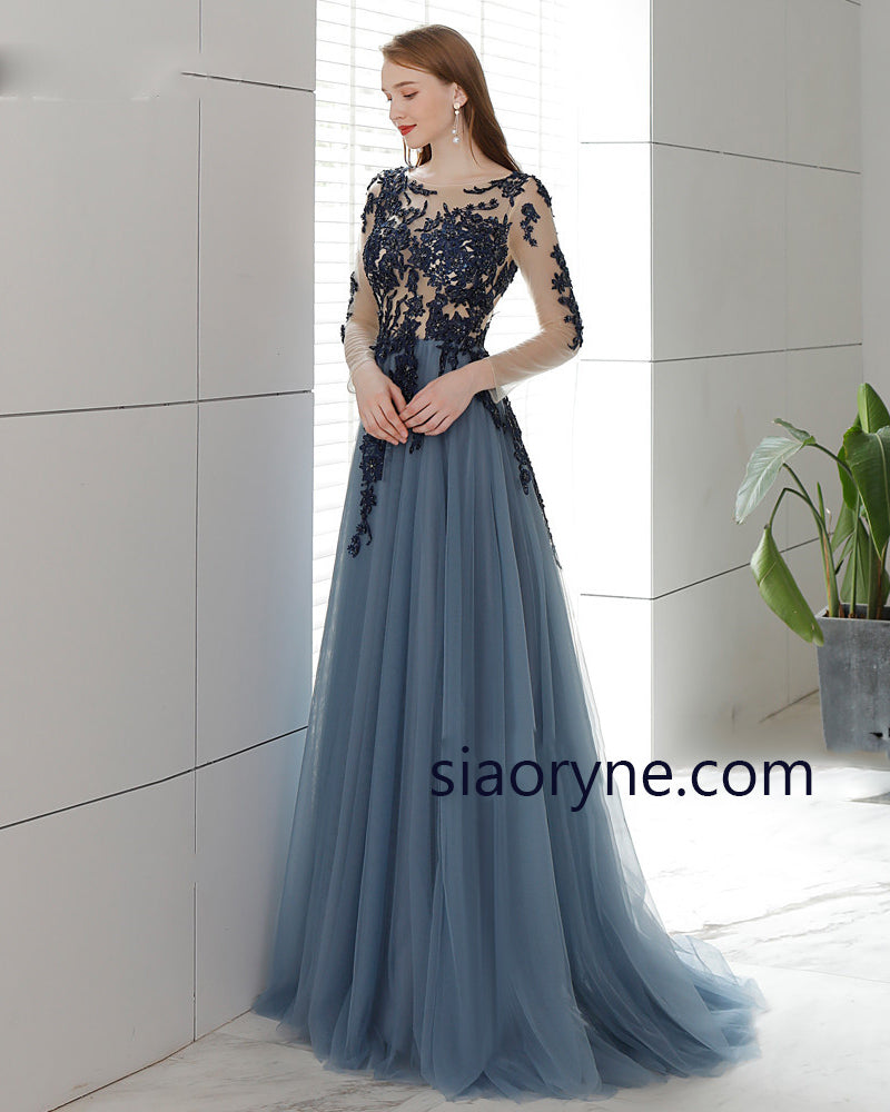 Robe de soirée longue vintage bleue à dos ouvert, robe de mère de la mariée en dentelle à manches longues, robe de soirée MD002