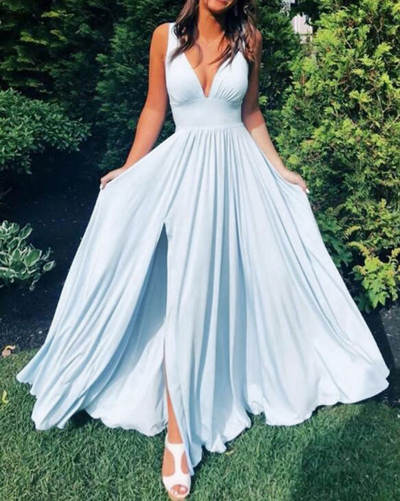 Vestidos de fiesta largos con escote en V y abertura en la espalda de color azul PL4421