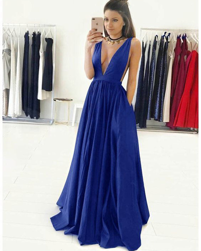 Deep V Neck Long Royal Blue Party Long prom Dresses Women Evening Gown –  Siaoryne