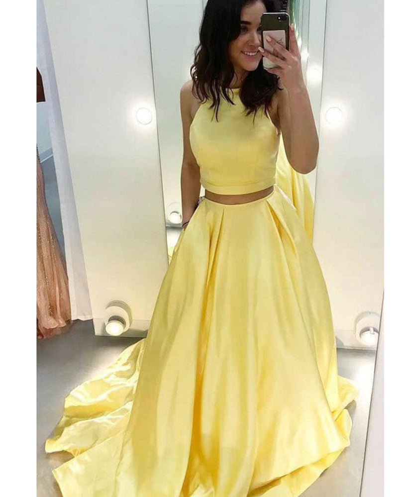 Vestidos de fiesta amarillos con top corto, vestidos de graduación largos para personas mayores PL1021