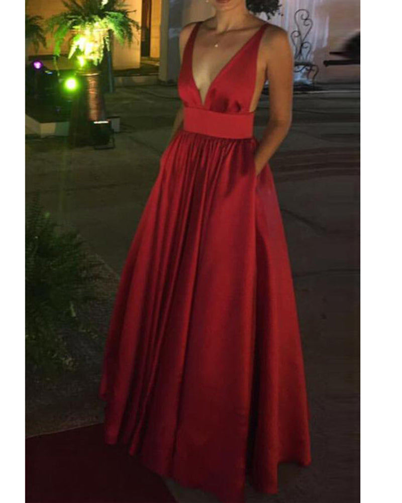 Robe de soirée longue en satin rouge à col en V et poche PL3302